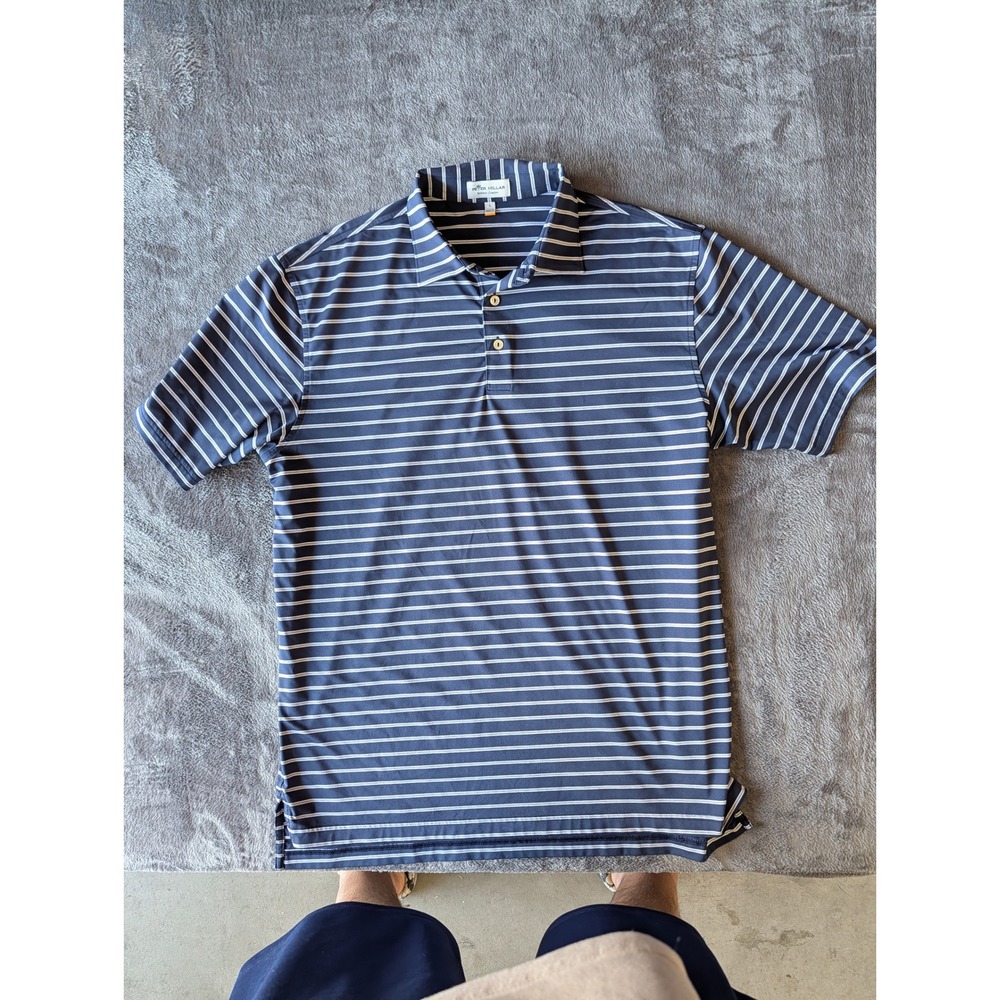 Peter Millar Summer Comfort Mens Large Polo Shirt Navy Blue Striped Golf Top